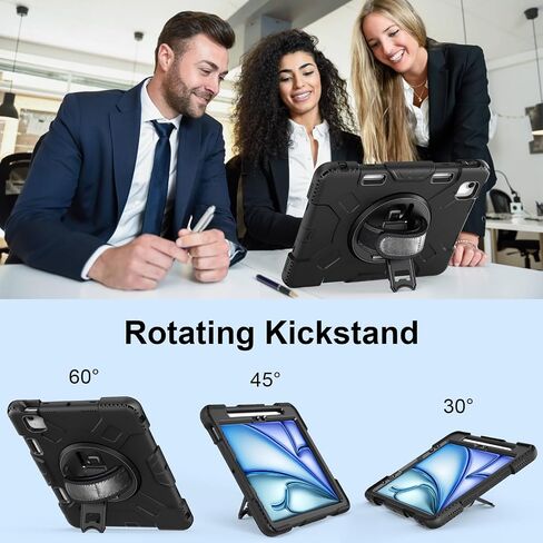 Case for iPad Air 11 Inch 2024: Military Grade Full-Body Protective Cover Case for iPad Air 11 - Rotating Stand - Hand/Shoulder Strap, Black in Saudi Arabia