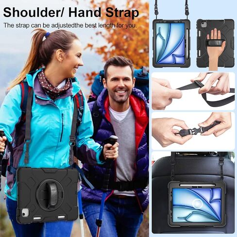 Case for iPad Air 11 Inch 2024: Military Grade Full-Body Protective Cover Case for iPad Air 11 - Rotating Stand - Hand/Shoulder Strap, Black in Saudi Arabia