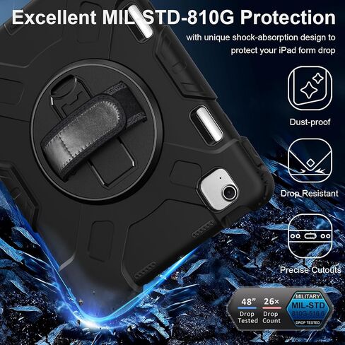 Case for iPad Air 11 Inch 2024: Military Grade Full-Body Protective Cover Case for iPad Air 11 - Rotating Stand - Hand/Shoulder Strap, Black in Saudi Arabia