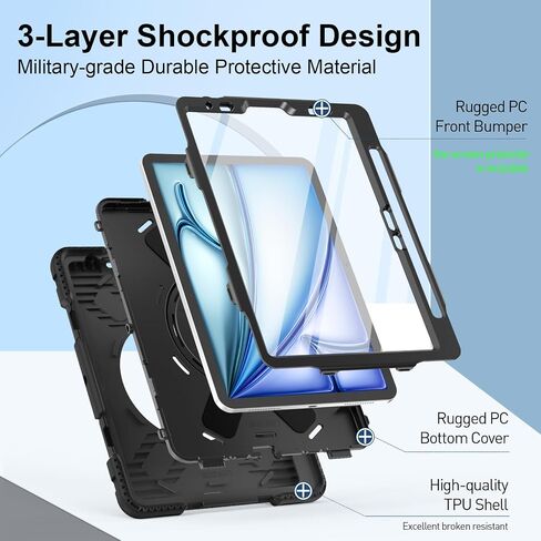 Case for iPad Air 11 Inch 2024: Military Grade Full-Body Protective Cover Case for iPad Air 11 - Rotating Stand - Hand/Shoulder Strap, Black in Saudi Arabia