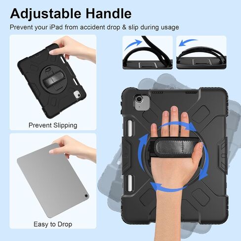 Case for iPad Air 11 Inch 2024: Military Grade Full-Body Protective Cover Case for iPad Air 11 - Rotating Stand - Hand/Shoulder Strap, Black in Saudi Arabia