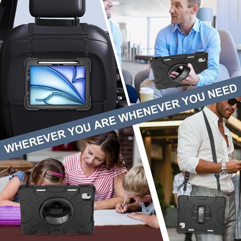 Case for iPad Air 11 Inch 2024: Military Grade Full-Body Protective Cover Case for iPad Air 11 - Rotating Stand - Hand/Shoulder Strap, Black in Saudi Arabia