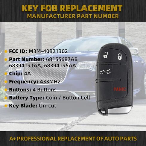Dasbecan Key Fob Replacement Keyless Entry 4 Buttons Compatible with Chrysler 200 2015-2018 Chrysler 300 Dodge Challenger Charger 2019-2021 Smart Remote Control Replace# 68155686AB M3M-40821302 in Saudi Arabia