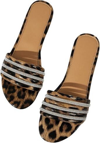 GORGLITTER Women's Rhinestone Sandals Cheetah Graphic Open Toe Slip on Slide Sandals in Saudi Arabia