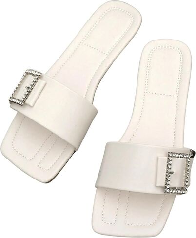 GORGLITTER Women's Rhinestone Buckle Decor Square Toe Slide Sandals Open Toe Single Band Flats in Saudi Arabia
