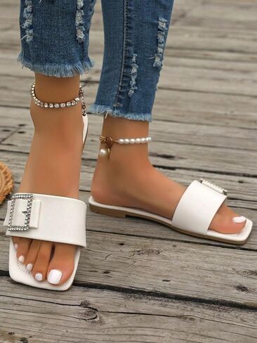 GORGLITTER Women's Rhinestone Buckle Decor Square Toe Slide Sandals Open Toe Single Band Flats in Saudi Arabia