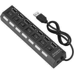 7 Port USB Hub,480Mbps No Conflict Plug & Play USB 2.0 Charger Hub with 7 Independent Switches and Multi-Level for Mobile Phone, Tablet PC, Keyboard, Mouse, Hard Drive, etc