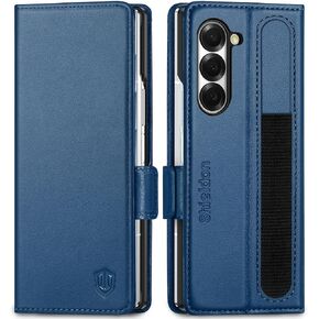 SHIELDON Wallet Case for Galaxy Z Fold6, Genuine Leather Folio Z Fold6 Case with S Pen Holder, Stand Function, RFID Blocking Card Slot Shock-Absorbent Compatible with Galaxy Z Fold 6 5G - Navy Blue