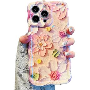 UEEBAI Case for iPhone 14 Pro Max 6.7 inch, Colorful Retro Oil Painting Flower Case Pretty Glossy Pattern Wave Case Cute Sparkly Floral Curly Cover Stylish Soft Case for Women and Girl - Blue Flower