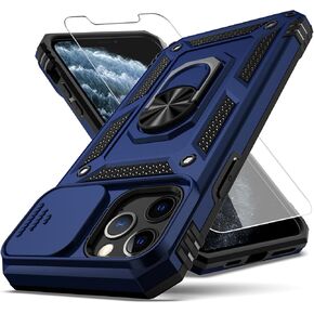for iPhone 11 Pro Case,with Camera Lens Cover HD Screen Protector,[Military Grade] Ring Car Mount Kickstand Hybrid Hard PC Soft TPU Shockproof Protective Case for iPhone 11 Pro-Black