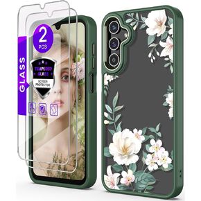 for Samsung Galaxy A25 5G Case+Tempered Glass Screen Protector,Military Grade Protective Slim Soft TPU & Hard PC,Girls Women Crystal Clear Flower Pattern Case Cover for A25 5G-Purple