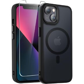 DEERLAMN Strong Magnetic Case for iPhone 13 6.1-Inch,Translucent Matte Slim Case with Screen Protector [Military-Grade Protection] Shockproof Phone Cover Women Men-Black