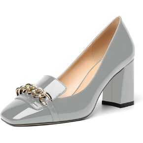 Womens Dress Solid Slip On Square Toe Office Metal Chain Patent Block High Heel Pumps Shoes 3 Inch