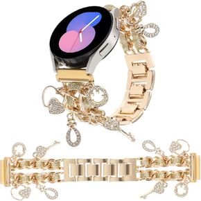 20MM Stylish Metal Bands Compatible with Samsung Galaxy Watch 6/5/4 40mm 44mm,Watch 6/4 Classic,Galaxy Watch 5 Pro,Watch 3,Active 2,Cuban Chain Strap with Cute Pendants for Women