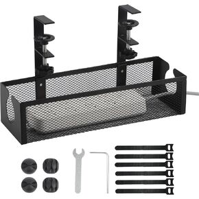 Under Desk Cable Management Tray, No Drill Steel Desk Cable Organizers, Wire Management Tray Cable Management Rack, Desk Cable Tray with Wire Organizer and Desk Cord Organizer Black, 2 Pack