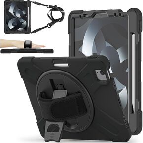 حافظة ZenRich iPad Air الجيل الخامس 2022، حافظة iPad Air الجيل الرابع 10.9 بوصة مع حامل قلم رصاص/حامل/حزام يد/حزام كتف، حافظة مقاومة للصدمات لجهاز iPad Air 10.9 بوصة، أسود