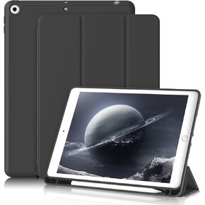 JKSML 10.2" Case for iPad 9th/8th/7th Generation 2021/2020/2019 with Pencil Holder, Auto Sleep/Wake Case Compatible for iPad 10.2 inch, Soft Silicone Slim Shockproof Trifold Stand Cover, Black
