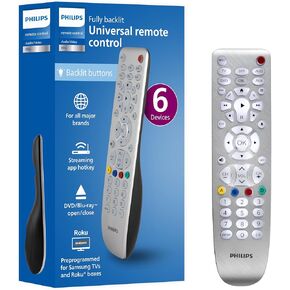 Backlit Universal Remote Control by Philips, Works for Samsung, Vizio, TCL, HiSense, Sony, RCA, Panasonic, Roku, Apple TV, Smart TVs, Streaming Players, Blu-Ray, DVD, 6-Device, Silver, SRP3016S/27