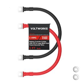 VOLTWORKS 4 AWG Gauge Red + Black Pure Copper 1 feet Battery Inverter Cables Solar, RV, Car, Boat 1ft 3/8 in Lugs