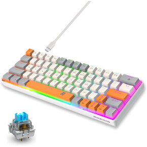 60% Mechanical Gaming Keyboard 60 Percent,LED Backlit Compact 63 Keys Mini Wired Keyboard for PC,Windows XP,Win 7/10,Vista,Me,Typist,Travel,(Grey-White-Orange, Blue Switches)