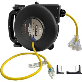12 Gauge 30 FT SJTOW Retractable Extension Cord, Heavy Duty Power Cord, 14 Amp 125V 1750W, Triple Outlet Electric Cord Reel, Ceiling or Wall Mount, UL Listed
