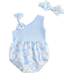 Baby Girl Summer Romper Daisy Jumpsuit Floral Sleeveless Onesie Newborn Infant Girl Clothes Outfits Headband Set