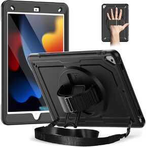 Timecity Case for iPad 9th/8th/7th Generation10.2 inch/iPad Air 3/Pro 10.5: with Screen Protector, 360 Rotating Stand, Hand Strap, Shoulder Strap, Full-body Shockproof Protective Case -Black