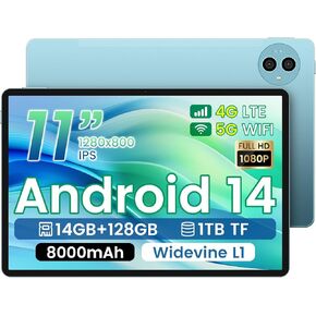 TECLAST Tablet 11 inch Android 14 Tablets, P50 14GB+128GB,1TB Expand, Widevine L1 Compatible 8-Core Tablet with 5G WiFi, 8000mAh, 4G LTE, Dual 13MP Camera, 1280x800 IPS Screen, GPS