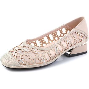 Women‘s Breathable Hollow Rhinestone Low Chunky Heel Pumps,Summer Closed Square Toe Backless for Wedding Work Evening Dress Shoes Soft Non-Slip Slip-On Classic Party Shoes with Glitter