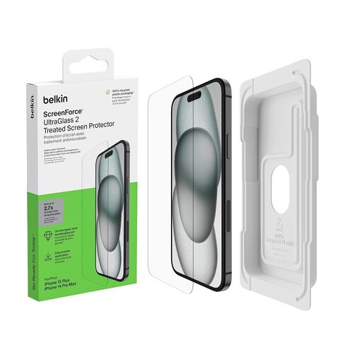 Belkin ScreenForce UltraGlass 2 Treated iPhone 15 Plus, 14 Pro Max Screen Protector - Scratch-Resistant, 9H Hardness Tested Glass w/Slim Design - Includes Easy Align Tray for Bubble-Free Application in Saudi Arabia