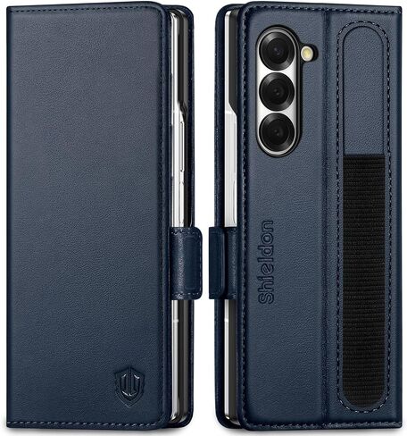 SHIELDON Wallet Case for Galaxy Z Fold6, Genuine Leather Folio Z Fold6 Case with S Pen Holder, Stand Function, RFID Blocking Card Slot Shock-Absorbent Compatible with Galaxy Z Fold 6 5G - Navy Blue in Saudi Arabia
