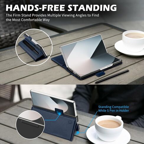 SHIELDON Wallet Case for Galaxy Z Fold6, Genuine Leather Folio Z Fold6 Case with S Pen Holder, Stand Function, RFID Blocking Card Slot Shock-Absorbent Compatible with Galaxy Z Fold 6 5G - Navy Blue in Saudi Arabia