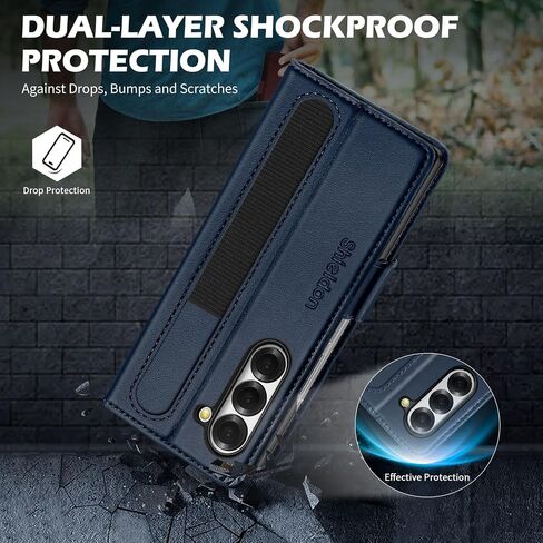 SHIELDON Wallet Case for Galaxy Z Fold6, Genuine Leather Folio Z Fold6 Case with S Pen Holder, Stand Function, RFID Blocking Card Slot Shock-Absorbent Compatible with Galaxy Z Fold 6 5G - Navy Blue in Saudi Arabia
