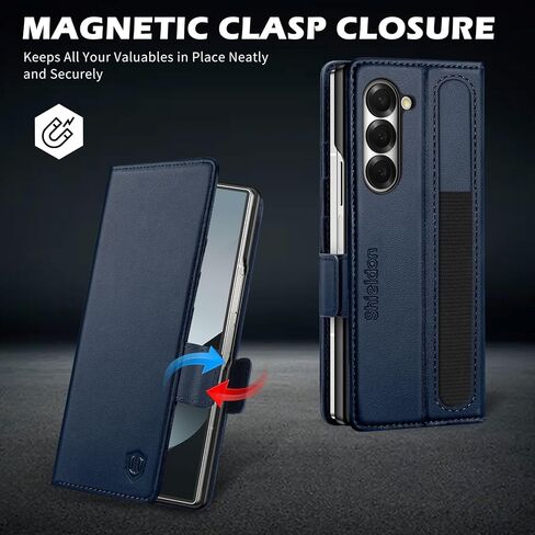 SHIELDON Wallet Case for Galaxy Z Fold6, Genuine Leather Folio Z Fold6 Case with S Pen Holder, Stand Function, RFID Blocking Card Slot Shock-Absorbent Compatible with Galaxy Z Fold 6 5G - Navy Blue in Saudi Arabia