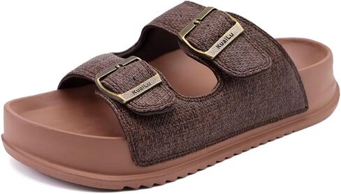 KuaiLu Womens Sandals with Arch Support Comfortable Orthopedic Cushion Slides Summer Fashion Leather Double Buckle Casual Slip On Womans Plantar Fasciitis Sandals for Indoor&Outdoor (US Size 6-12) in Kuwait