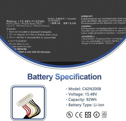 بطارية الكمبيوتر المحمول C42N2008 92Wh لجهاز ASUS ZenBook Pro Duo 15 OLED UX582 UX582L UX582LR XS74T UX582LR-BP1979R UX582LR-H2002R UX582LR-H2002TS H2003R UX582LR-H2017T H2025R UX582LR-XS94T 0B200-03840000 15.48 فولت in Saudi Arabia
