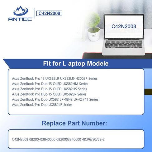 بطارية الكمبيوتر المحمول C42N2008 92Wh لجهاز ASUS ZenBook Pro Duo 15 OLED UX582 UX582L UX582LR XS74T UX582LR-BP1979R UX582LR-H2002R UX582LR-H2002TS H2003R UX582LR-H2017T H2025R UX582LR-XS94T 0B200-03840000 15.48 فولت in Saudi Arabia