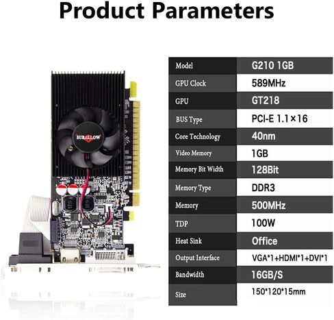 GT 210 1G Graphics Card, 64Bit 589MHZ 1024 MB DDR3 PCI Express 2.0 Graphics Card, DVI VGA HDMI Low Profile Graphics Card with Cooling Fan in Saudi Arabia