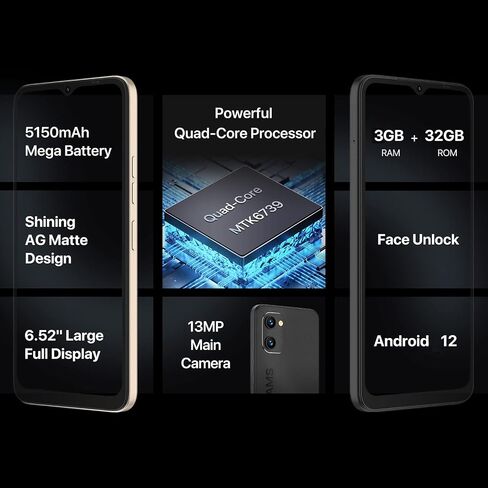 UMIDIGI Cell Phone G1, Android12 Unlocked Cell Phone, Dual Sim 4G LTE Mobile Phone, 3+32GB 256G Expandable, 6.52" HD+, 5150mAh, GSM Unlocked in Saudi Arabia