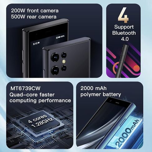 هاتف ذكي صغير 4G LTE، شاشة HD 3 بوصة، ذاكرة وصول عشوائي 2 جيجابايت + ذاكرة وصول عشوائي 16 جيجابايت، نظام تشغيل Android 9، رباعي النواة MT6739CW، كاميرا مزدوجة، 2000 مللي أمبير في الساعة، متجر تطبيقات ثنائي الشريحة، WiFi Tiny Android هاتف محمول محمول in Saudi Arabia