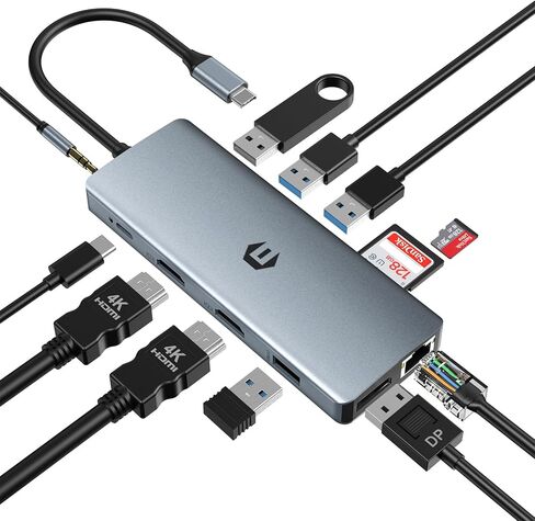 محطة إرساء كمبيوتر محمول 12 في 1، محور USB C ثلاثي العرض، محول HDMI متعدد المنافذ مزدوج مع DP، إيثرنت، 100 واط PD، 4XUSB 3.0، صوت، SD/TF لجهاز Mac Air/Pro، Surface Pro7/8 والمزيد من الأجهزة in Kuwait
