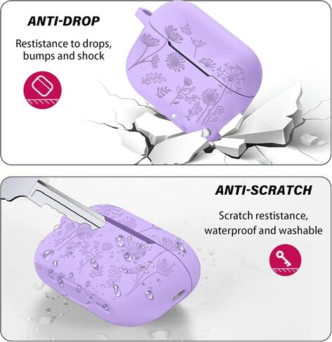Flower Engraved Case Compatible with AirPods Pro 2 Case Cover 2022, Silicone Case for AirPods Pro 2nd/1st Generation with Cute Flower Keychain and Carabiner for Girls Women (Midnight Blue) in Saudi Arabia