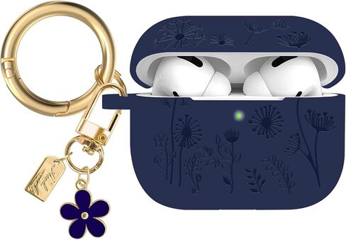 Flower Engraved Case Compatible with AirPods Pro 2 Case Cover 2022, Silicone Case for AirPods Pro 2nd/1st Generation with Cute Flower Keychain and Carabiner for Girls Women (Midnight Blue) in Saudi Arabia