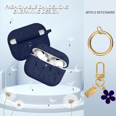 Flower Engraved Case Compatible with AirPods Pro 2 Case Cover 2022, Silicone Case for AirPods Pro 2nd/1st Generation with Cute Flower Keychain and Carabiner for Girls Women (Midnight Blue) in Saudi Arabia