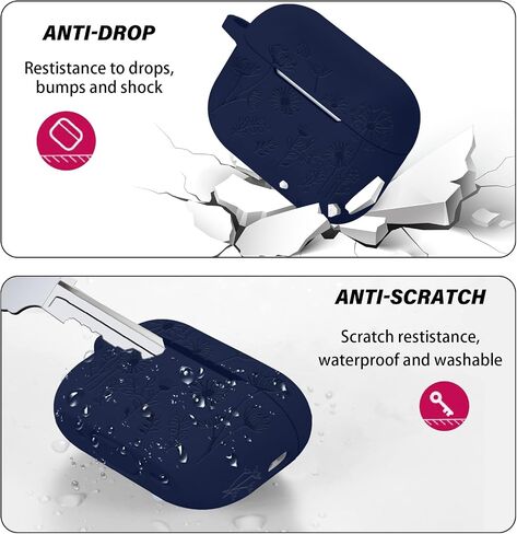 Flower Engraved Case Compatible with AirPods Pro 2 Case Cover 2022, Silicone Case for AirPods Pro 2nd/1st Generation with Cute Flower Keychain and Carabiner for Girls Women (Midnight Blue) in Saudi Arabia