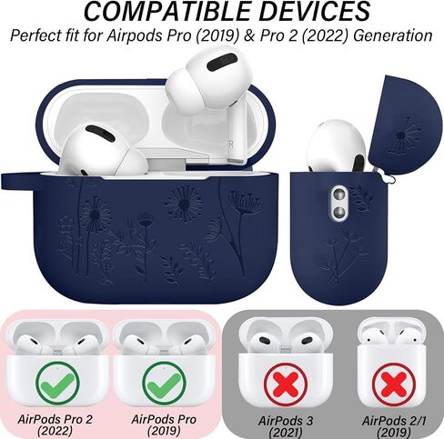 Flower Engraved Case Compatible with AirPods Pro 2 Case Cover 2022, Silicone Case for AirPods Pro 2nd/1st Generation with Cute Flower Keychain and Carabiner for Girls Women (Midnight Blue) in Saudi Arabia