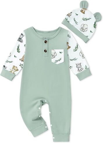 Newborn Baby Boy Clothes Animal Printed Snap Romper Coming Home Outfit 2PCS Baby Jumpsuit Boy Bodysuit 0-9 Months in Saudi Arabia