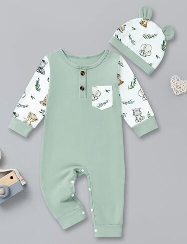 Newborn Baby Boy Clothes Animal Printed Snap Romper Coming Home Outfit 2PCS Baby Jumpsuit Boy Bodysuit 0-9 Months in Saudi Arabia