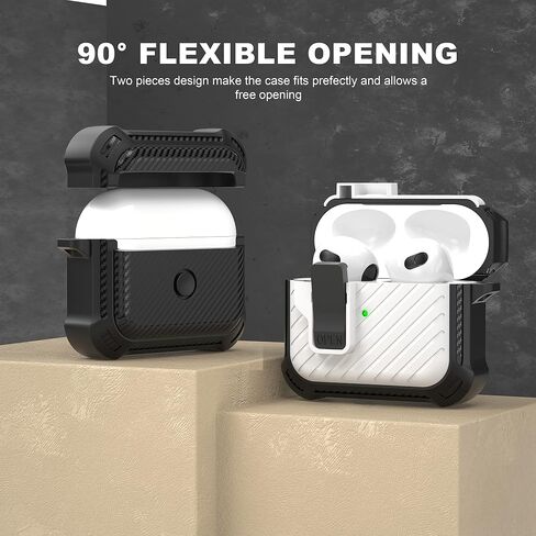 غطاء حافظة Maxjoy لأجهزة Airpods 3 2021، حافظة واقية Airpods 3 مع قفل تلقائي آمن من الجيل 3 غطاء عسكري صلب مقاوم للصدمات مع سلسلة مفاتيح متوافقة مع Apple Airpods الجيل الثالث 2021، أسود in Kuwait