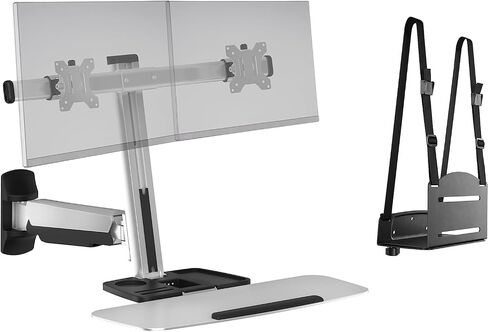Ergotech Dual Monitor Wall-Mount Convertible Sit-Stand Workstation with Keyboard Tray and Desktop Holder, Up to 27" Monitor VESA 75x75, 100x100 (Silver) in Saudi Arabia